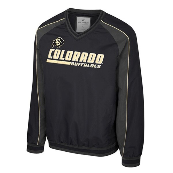 Black Colorado Buffaloes pullover windshirt with embroidered logo and gold accents on sleeves